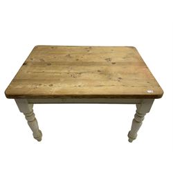 Traditional pine kitchen table with white painted base, rectangular top over single drawer, raised on turned supports