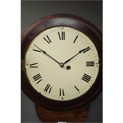  19th century mahogany cased drop dial wall clock, circular Roman dial, tapered single fusee movement, H51cm  