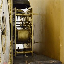 William Hayler of Chatham (Kent) - Fine George III black japanned chinoiserie decorated longcase clock c1760,  hood with a break arch top, glazed side panels and three matching wooden finials, conforming hood door beneath with attached pilasters, long trunk with a  break arch door and moulded surround, on a square double stepped plinth with a flat base, case and hood profusely decorated with scenes of gilt pagodas, temples, birds, people and panels of floral decoration, brass dial with cast brass spandrels and a silvered boss to the arch, silvered chapter with Roman numerals, minute track and five minute Arabic's, matted dial centre with seconds dial, date aperture, matching steel hands and silvered cartouche with makers name, dial pinned directly to a five-pillar rack striking movement with a recoil anchor escapement. With  pendulum, weights  and key.
William Hayler is recorded as working in High Street, Chatham, from 1750-1810, possibly two makers (father & son) working in succession.

