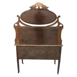 20th century mahogany marble topped washstand, rectangular veined grey marble top over two panelled cupboard doors with ring handles, raised on square tapering supports terminating in castors, the rear fitted with shaped back and oval swing mirror within a scroll cut frame surmounted by pierced cresting