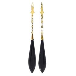 Pair of gold black onyx and seed pearl pendant earrings, stamped 15ct, retailed by Bright & Son Scarborough, in fitted velvet and silk lined case