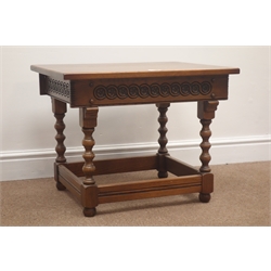  Early 20th century oak occasional table, carved frieze on turned supports with stretchers, 61cm x 50cm  