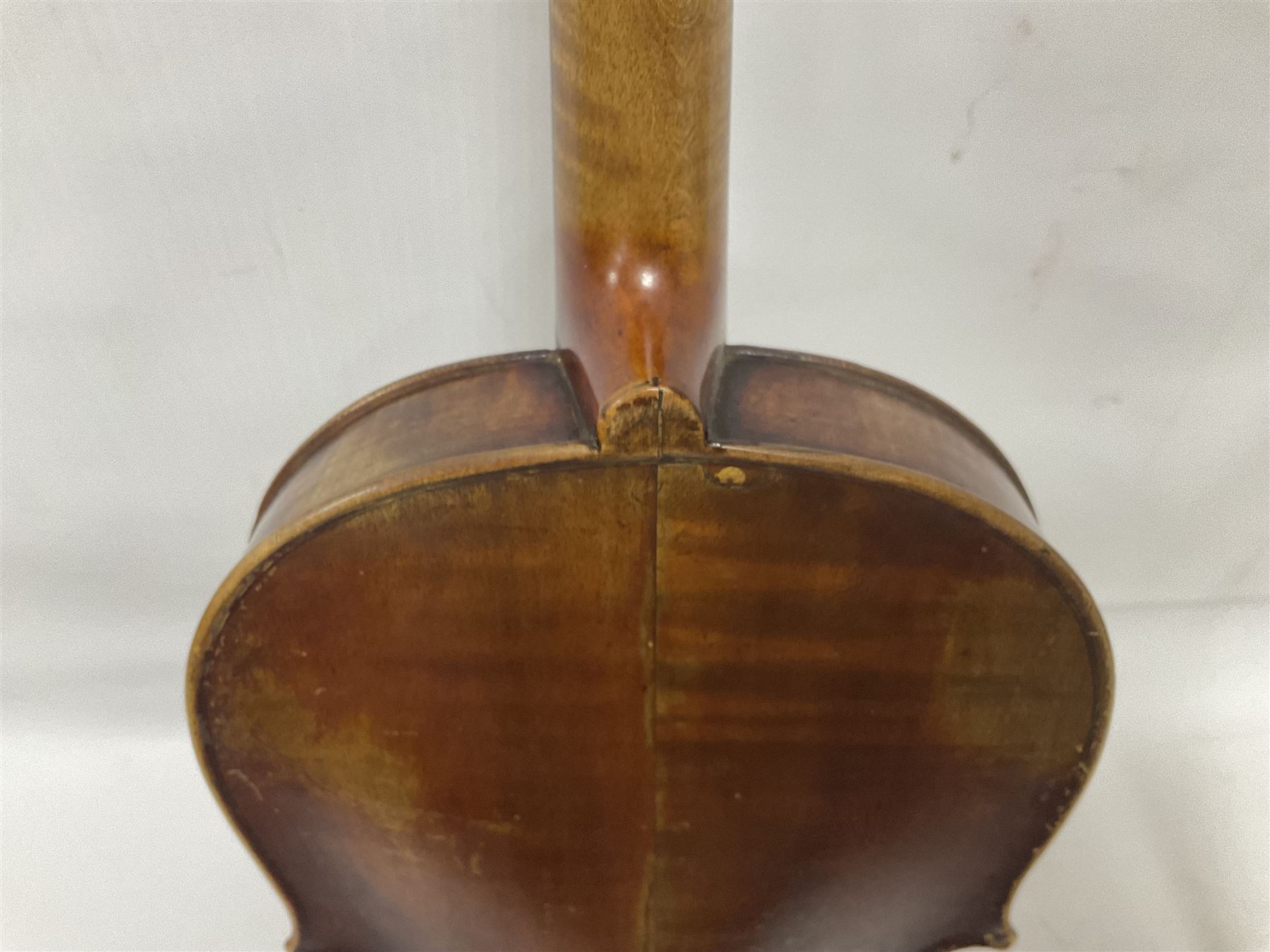 Full size violin and bow in a wooden constructed fitted case, back length 35cm, full length 60cm