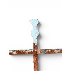 Regency period wrought iron strapwork garden bench, cresting rail with central Scottish thistle motif and flanking pediments, in distressed blue painted finish