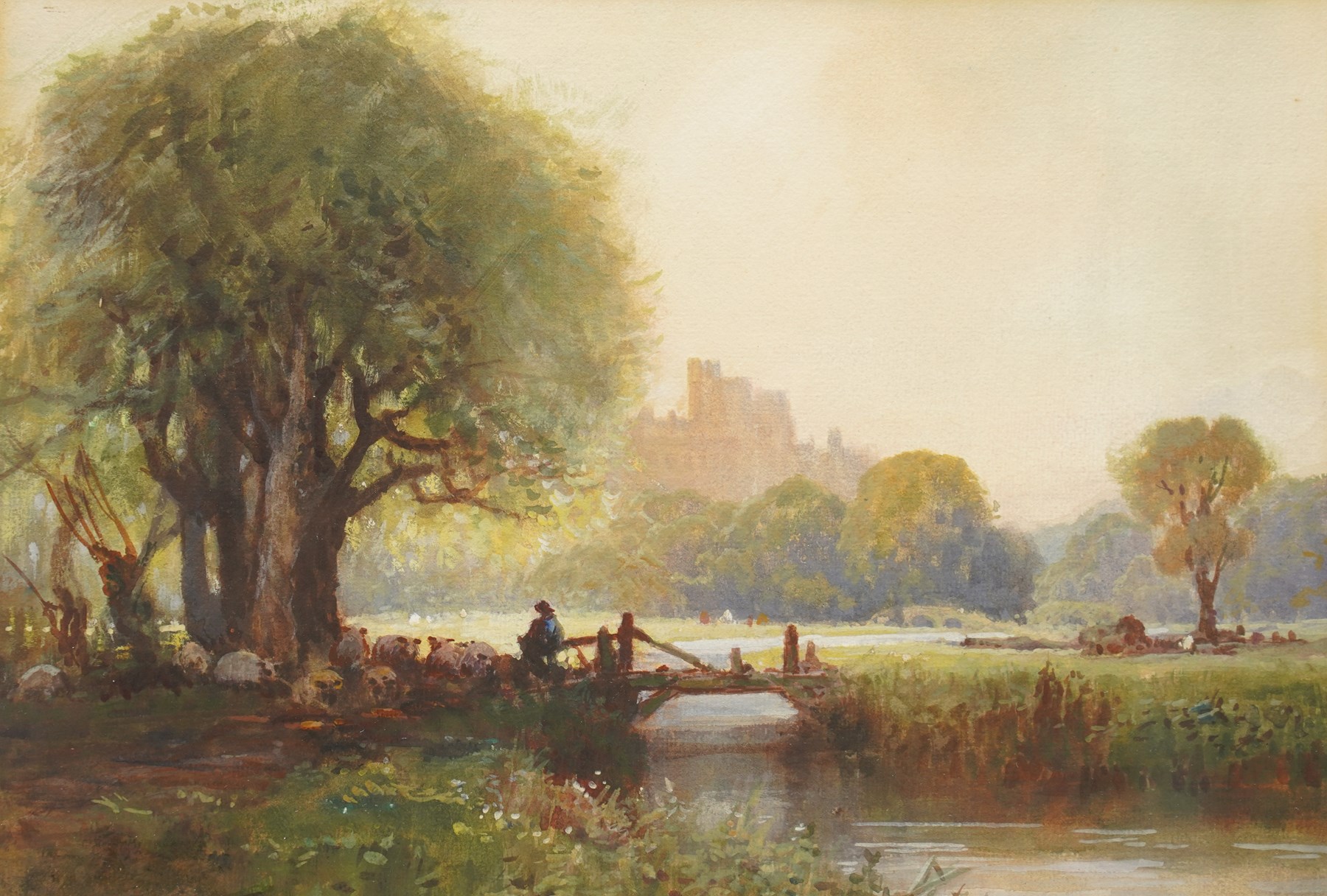 English School (Early 20th century): Shepherd and Flock with Distant Castle, watercolour unsigned 25.5cm x 37.5cm