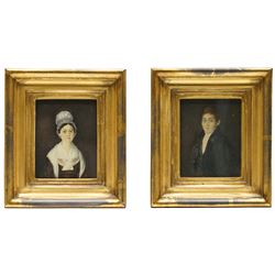 English School (19th century): Portraits of Samuel Whiting of Reading and His Wife Susannah, pair of watercolours unsigned, inscribed with family history verso, in matching gilt frames 10.5cm x 8cm (2)