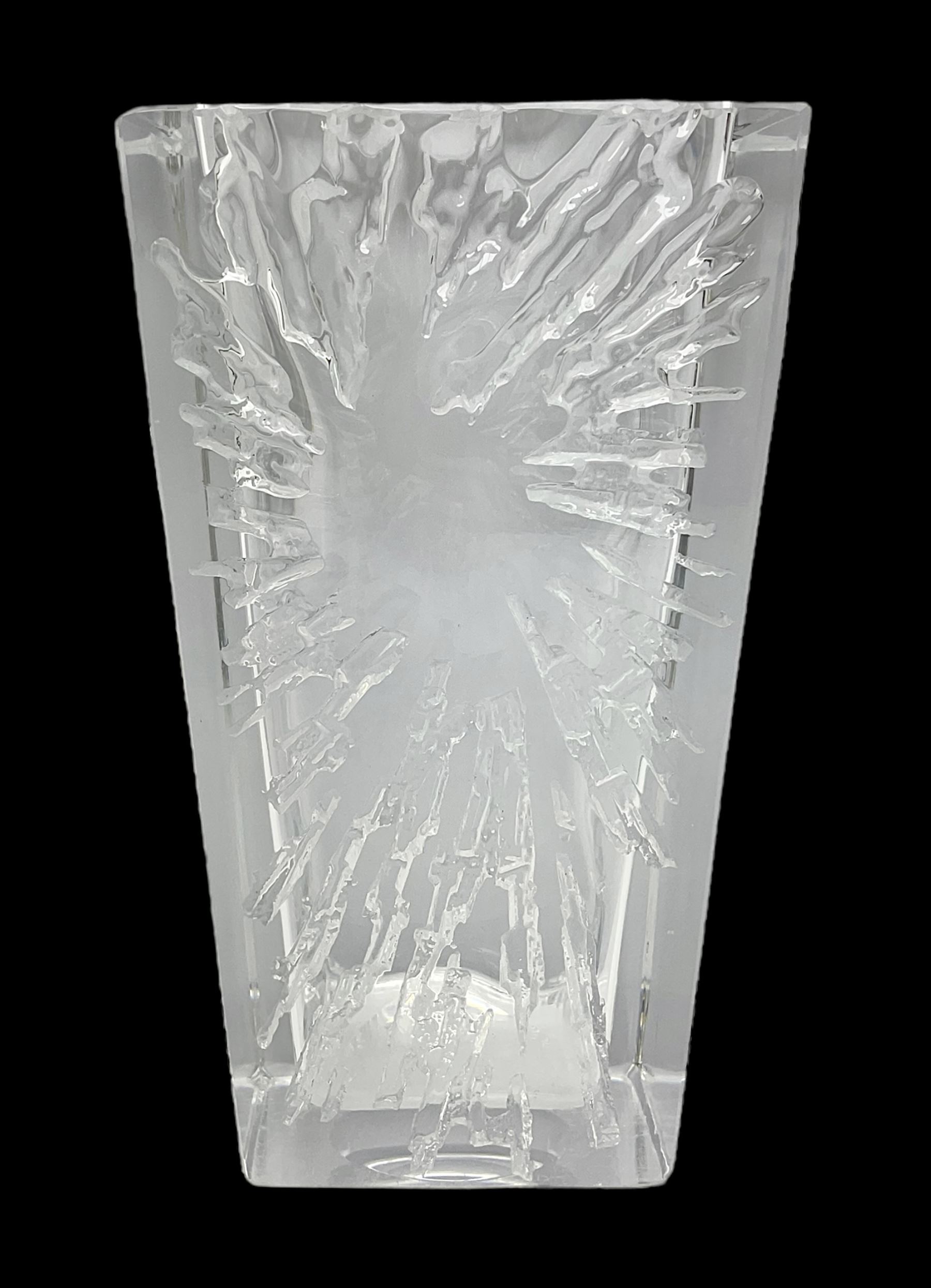 Daum clear crystal glass vase of square sleeve form decorated with stylised sunburst motif, engraved signature to the reverse H25cm