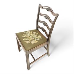 Set of eight (6+2) early 20th century Chippendale design mahogany dining chairs, waved and pierced ladder back carved with shells and curled leaves, moulded upright rails, dished seats with upholstered drop-in seat cushions, on square moulded supports united by plain stretchers 