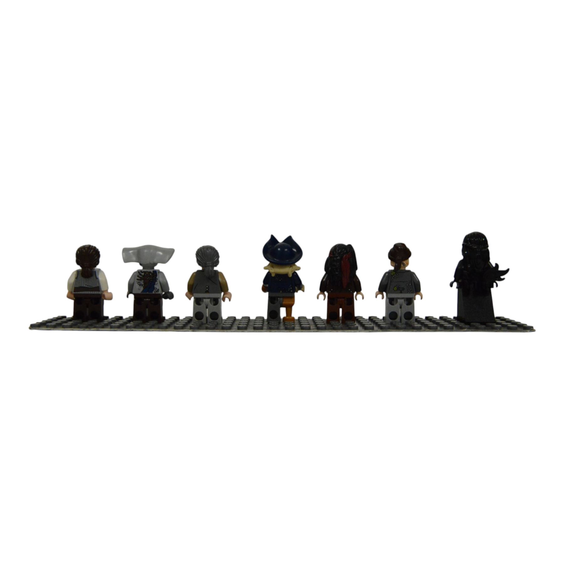 Lego Pirates of the Caribbean Black Pearl minifigure set no. 4184, comprising Black Pearl figurehead, Bootstrap Bill, Captain Jack Sparrow, Davy Jones, Joshamee Gibbs, Maccus and Will Turner