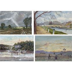 Michael Long (Bristol Savages 1940-): 'A Shaft of Light', gouache signed titled and dated '90, 25cm x 34cm; James Robson (Harrogate 20th century): Village Bridge, watercolour signed, artist's address label verso 23cm x 36cm; Roy Wrench (Bristol Savages): 'Newton Ferrers - Devon', watercolour signed and titled 29cm x 38cm; Charles James Kelsey (British 1870-1960): 'Hard Work', oil on board, signed and titled verso 22cm x 32cm (4)