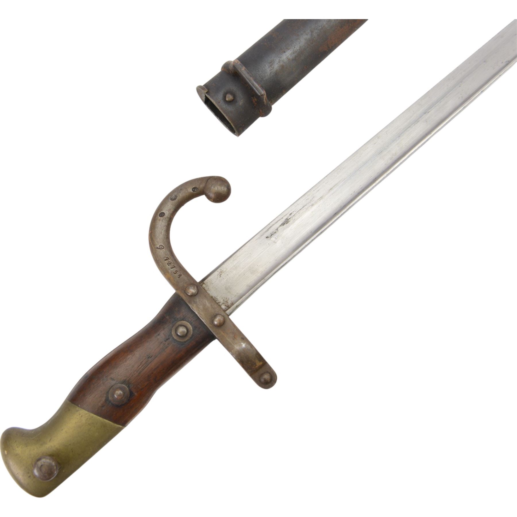 French chassepot bayonet the spine engraved St. Etienne, Mass 1876, with matching scabbard and another French chassepot engraved 1877, with matching scabbard 