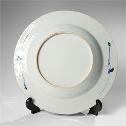 Three Chinese Kangxi period blue and white plates, painted in underglaze blue with various patterns, including Butterfly and Rockery, Pagoda and River Landscape, and floral sprays, each approx. D23cm (3)