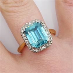 15ct gold emerald cut blue zircon and diamond cluster ring