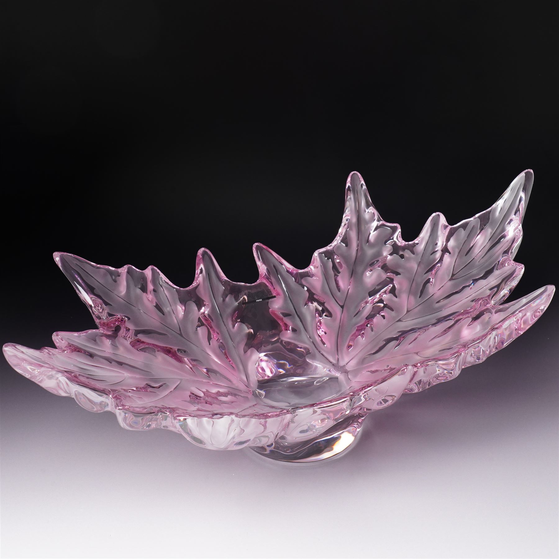 Lalique Champs-Elysees pattern clear and frosted pink glass bowl designed by Marc Lalique and modelled as leaves, signed 'Lalique France' L47cm in original Lalique pink box with guarantee etc