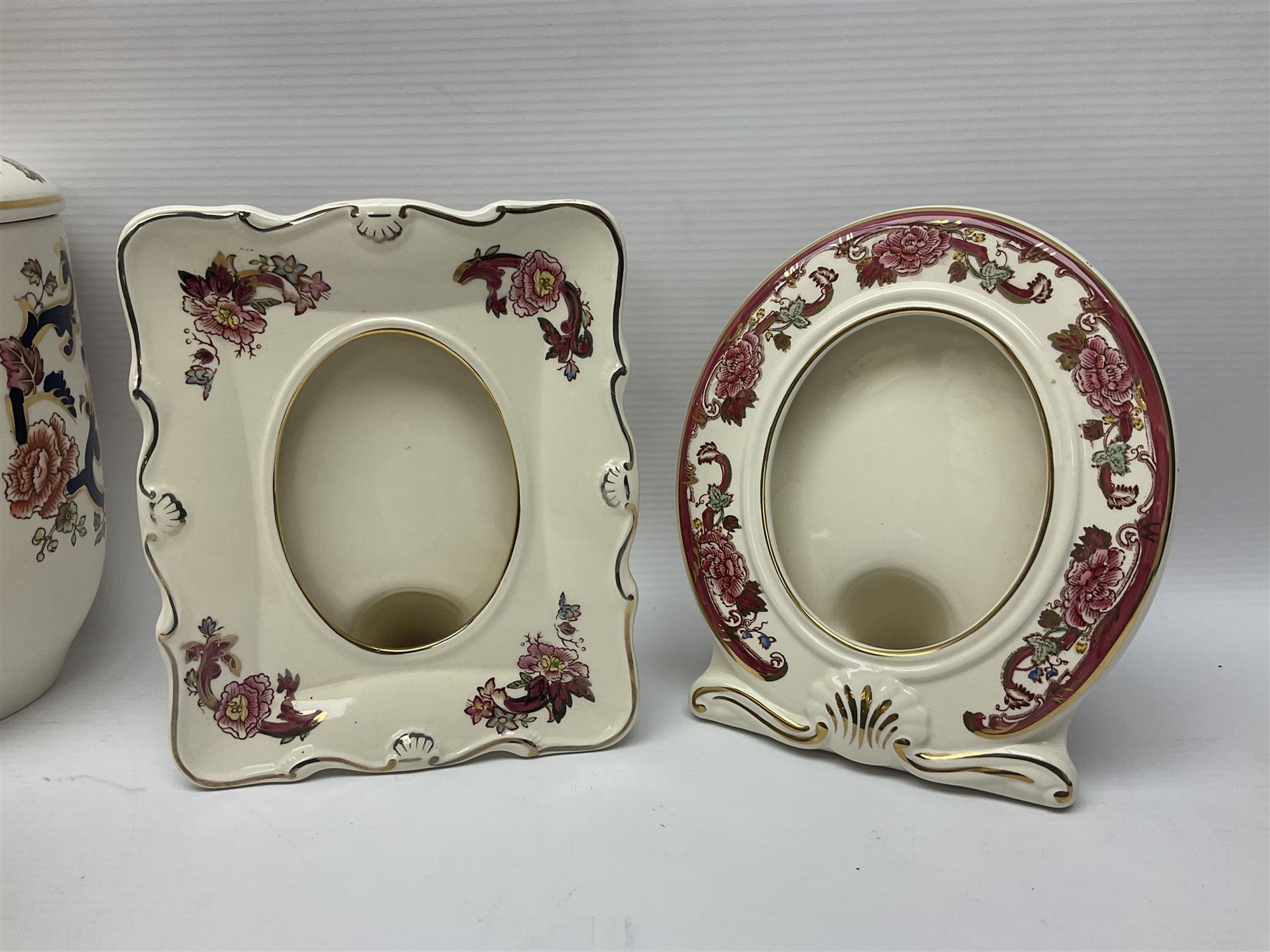Masons Ironstone in the Mandalay pattern stepped dish, vase, jug , covered jar and two picture frames 