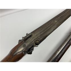19th century Indian .577 Enfield muzzle loading rifle, proofed for 26-bore, the 98.5cm barrel with three barrel bands and later ram rod L140cm overall; 19th century Belgian side-by-side double barrel percussion shotgun, approximately 20-bore, with 74cm barrels and studded walnut stock, lock plate marked 'Liege 1868' and 'V. Gulikers-Maquinay' L117cm overall; and another side-by-side double barrel shotgun by Smythe with underlever opening (3)