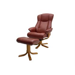 Mid-20th century design reclining armchair with swivel action, upholstered in red leather, raised on U-shaped supports with quadruform base, with matching footstool