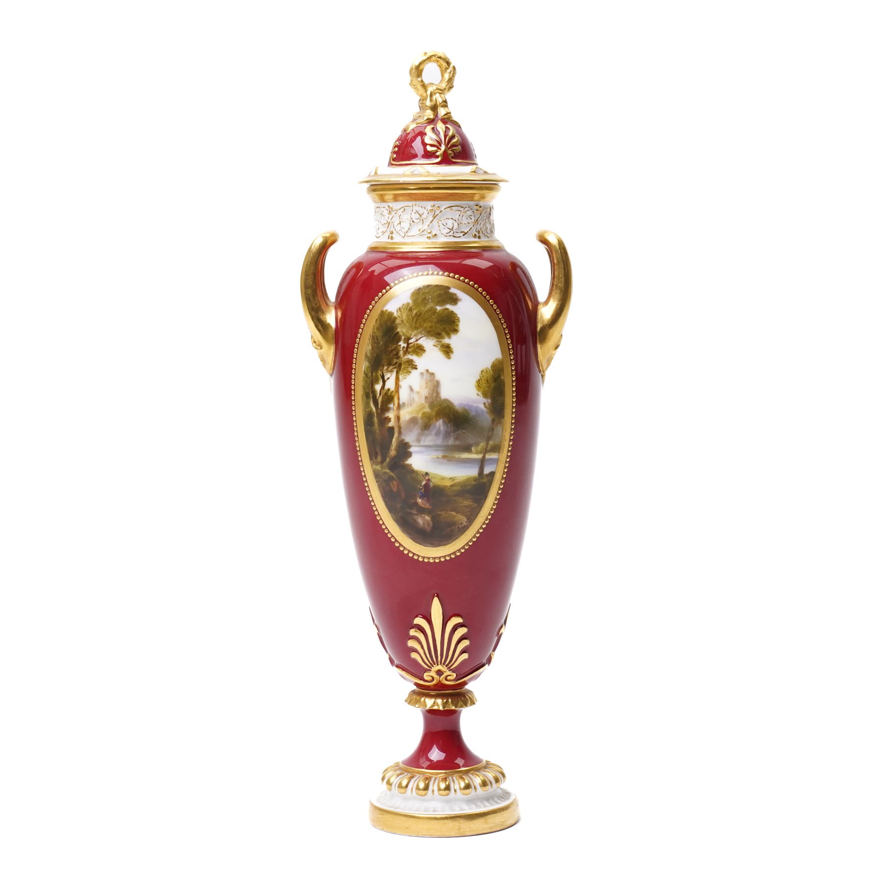 Early 20th century Royal Worcester vase and cover by Harry Davis, painted with a distant view of a castle and a couple resting on a red ground, heightened profusely with gilt, shape number 2422, printed marks in green to base, H25cm