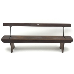  Early 20th century pitched pine bench with hinged back, W214cm  