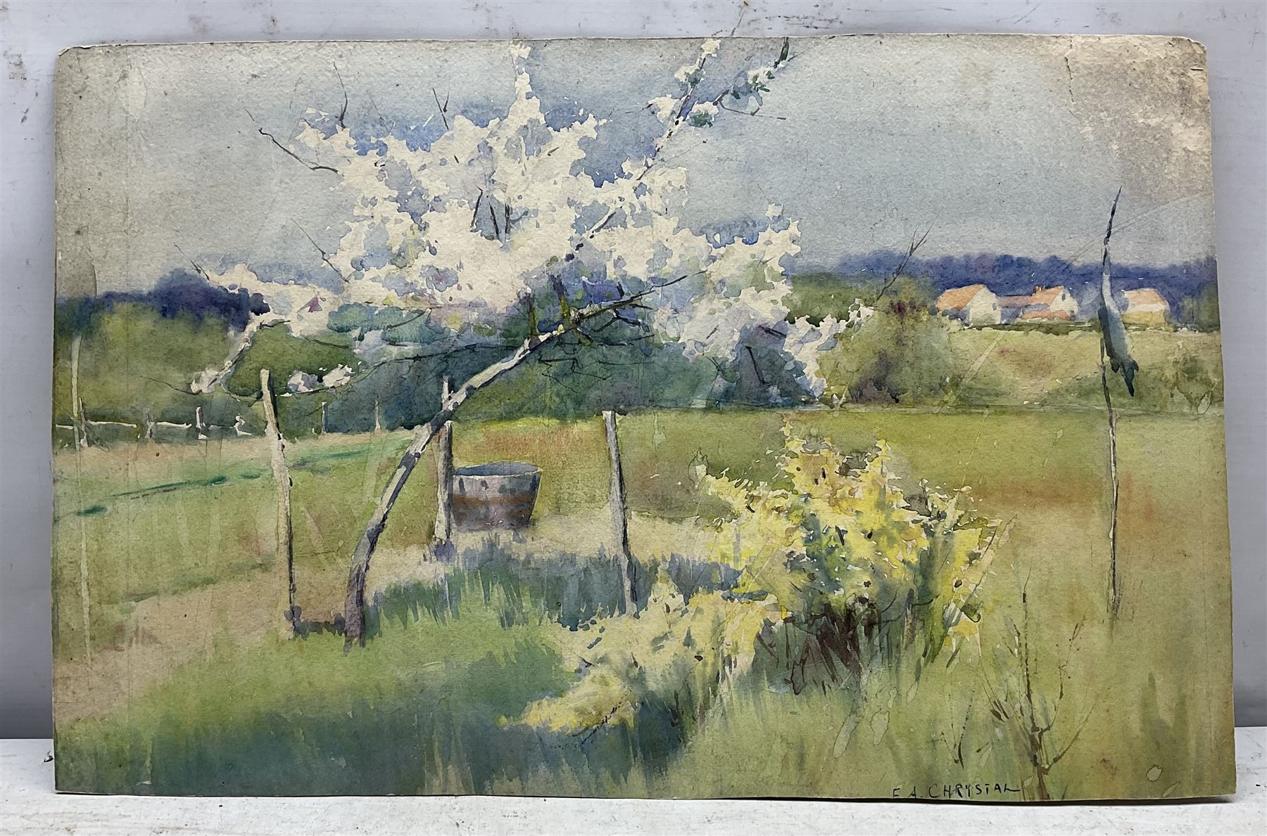 Frances A Chrystal (19th/20th century): 'Siretz Russia', watercolour signed titled and dated 1900, 49cm x 27cm; a similar landscape a study of a Milan Church window (unframed) (3)
Notes: Chrystal studied Manchester School of Art, one inscribed verso