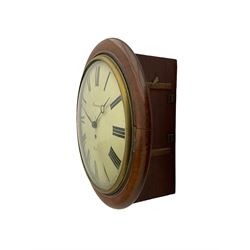 A late 19th century 8-day wall clock with a 15” mahogany bezel and 12” painted convex dial with a cast brass bezel, Roman numerals, minute track and matching steel moon hands, dial inscribed “Brunner, Hull” with a single train fusee movement, anchor escapement, rectangular movement plates with chamfered shoulders, case with two side doors and pendulum adjustment door to the curved base. With pendulum.  
****Engelbert Ignatius Brunner from Baden (Germany)  worked from Queen Street Hull . c 1886-1907.
