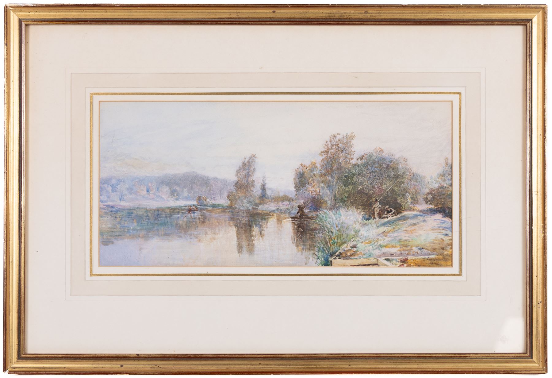 Thomas Walter Wilson (British 1851-1912): Fishermen By the River, watercolour faintly signed 16cm x 34cm;W Smith (British 19th Century): Forest Path, oil on canvas signed and dated '70, 19cm x 39cm (2)