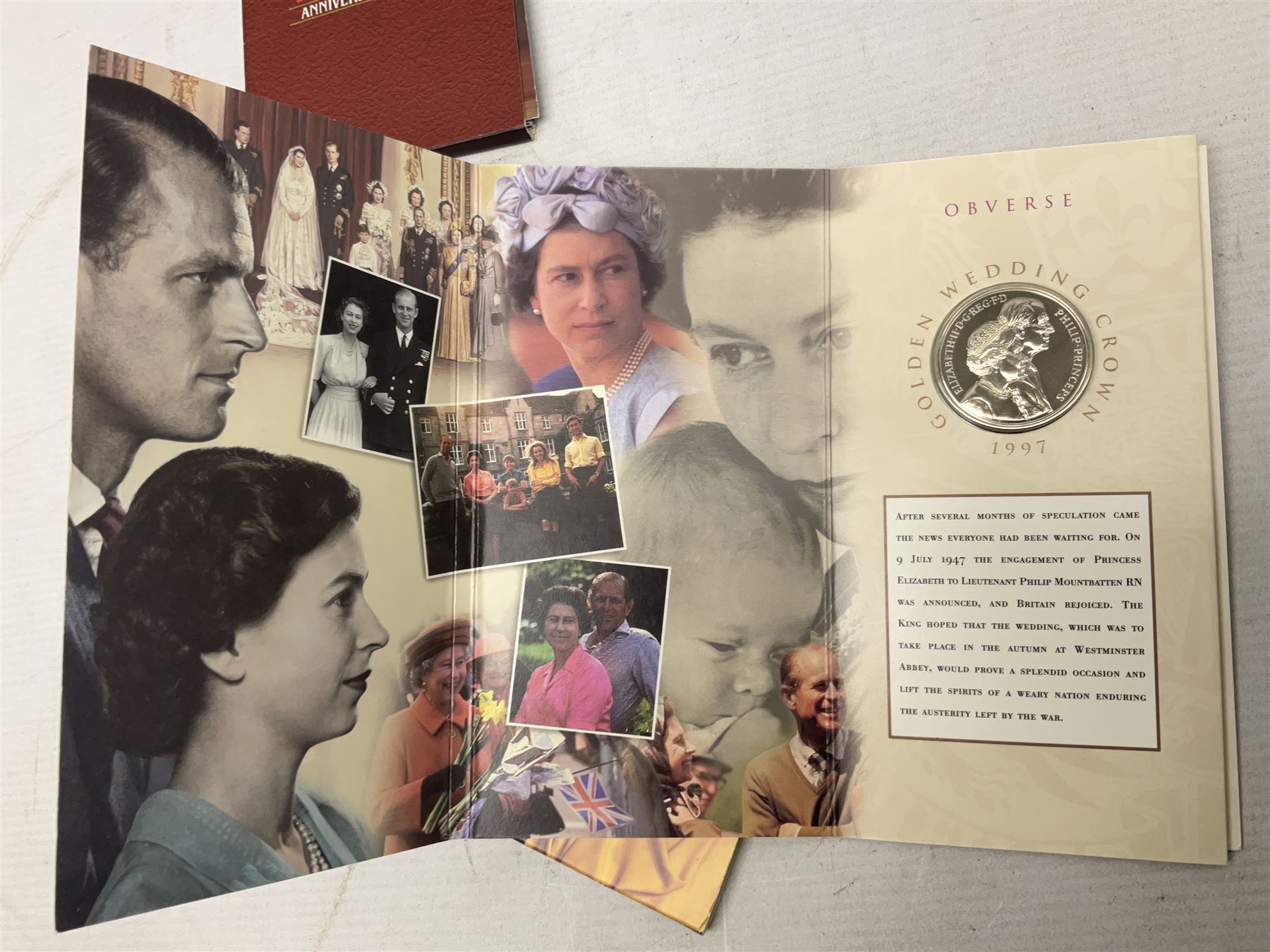 The Royal Mint United Kingdom 1984 brilliant uncirculated coin collection, 1997 and 2001 commemorative crown coins, 1997 old round one pound, all in card folders and four sterling silver medallic first day covers from the 'Great Britons' collection housed in a blue folder