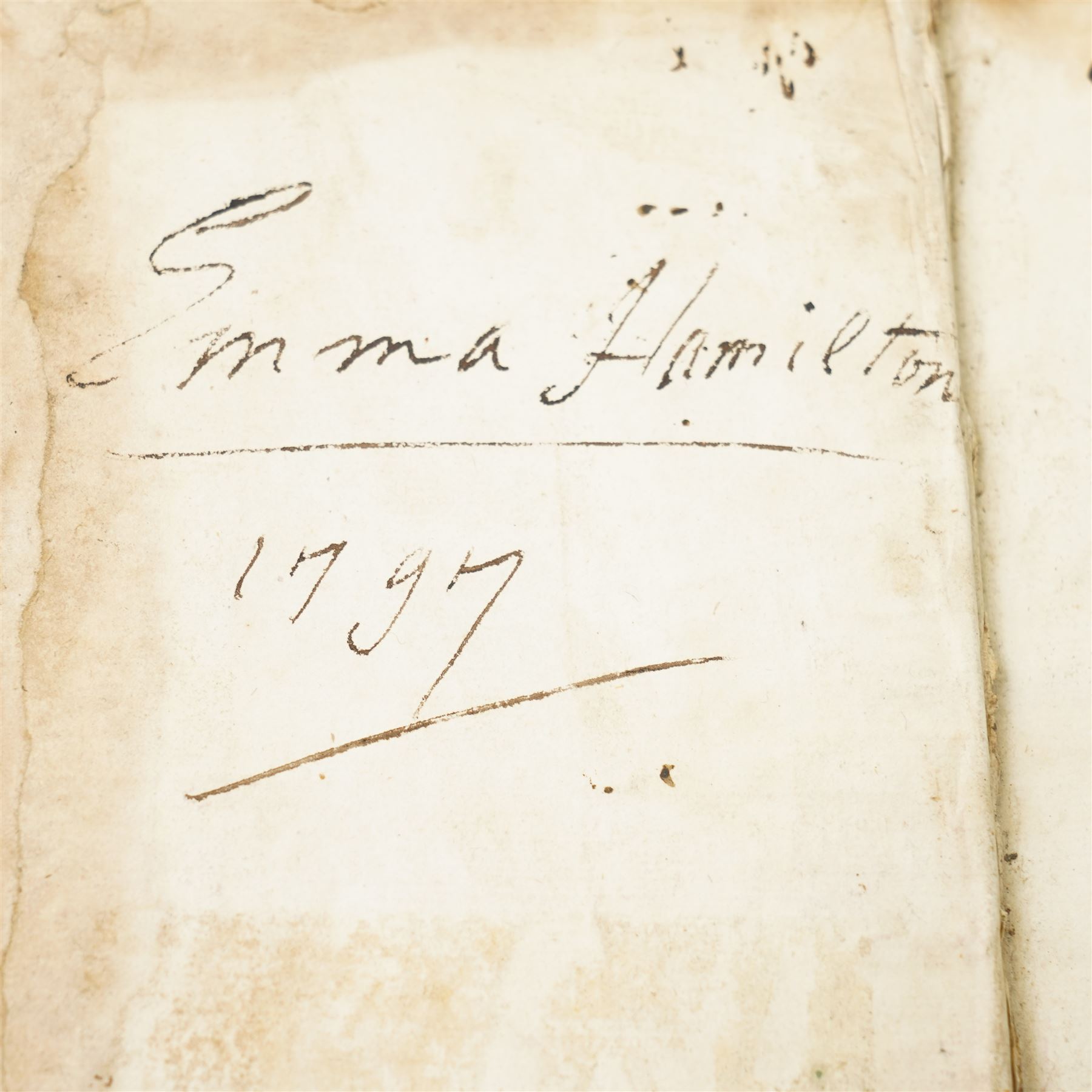 Suetonius Caius Tranquillus – 'Opera' with commentary by Samuel Pitiscus, published Utrecht: Franciscus Halma, 1690, First edition. An exceptional association copy, inscribed on the endpapers by Sir William Hamilton: “William Hamilton / Napoli,” and by Lady Emma Hamilton, who dates her signature “1797.” A further inscription reads, “Given me by my dear Sir William / Napoli,” a reference to the time when both Hamiltons were in Naples in 1797, during the height of their celebrated association with Horatio Nelson. Bound in full calf, with ribbed spines and gilt lettering.

Provenance: The Library of Sir William Hamilton; Lady Emma Hamilton; by descent to a cousin in Edinburgh (according to a memorandum by Andrew Baxendine, bookseller, 1892); later handled by George Bayntun, Bath (letters dated 1985 present).
The 1690 Utrecht edition, with Samuel Pitiscus’s seminal commentary, was a landmark in classical scholarship and perfectly reflects Sir William Hamilton’s deep antiquarian interests, particularly in Roman history.