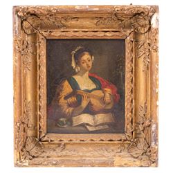 Spanish School (18th century): Young Lady Playing a Lute, oil on canvas unsigned 15cm x 13cm