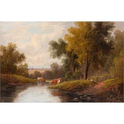 Etty Horton (British exh. 1892-1905): Rural Scenes with Figures and Cattle Watering, pair oils on canvas signed 39cm x 59cm (2)