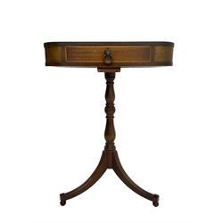 Regency style mahogany pedestal table, inset leather top over single drawer, on turned pedestal with three splayed supports
