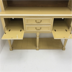Painted dresser, projecting cornice two display doors above  two central drawers flanking two cupboards, turned supports joined by undertier, W144cm, H215cm, D50cm