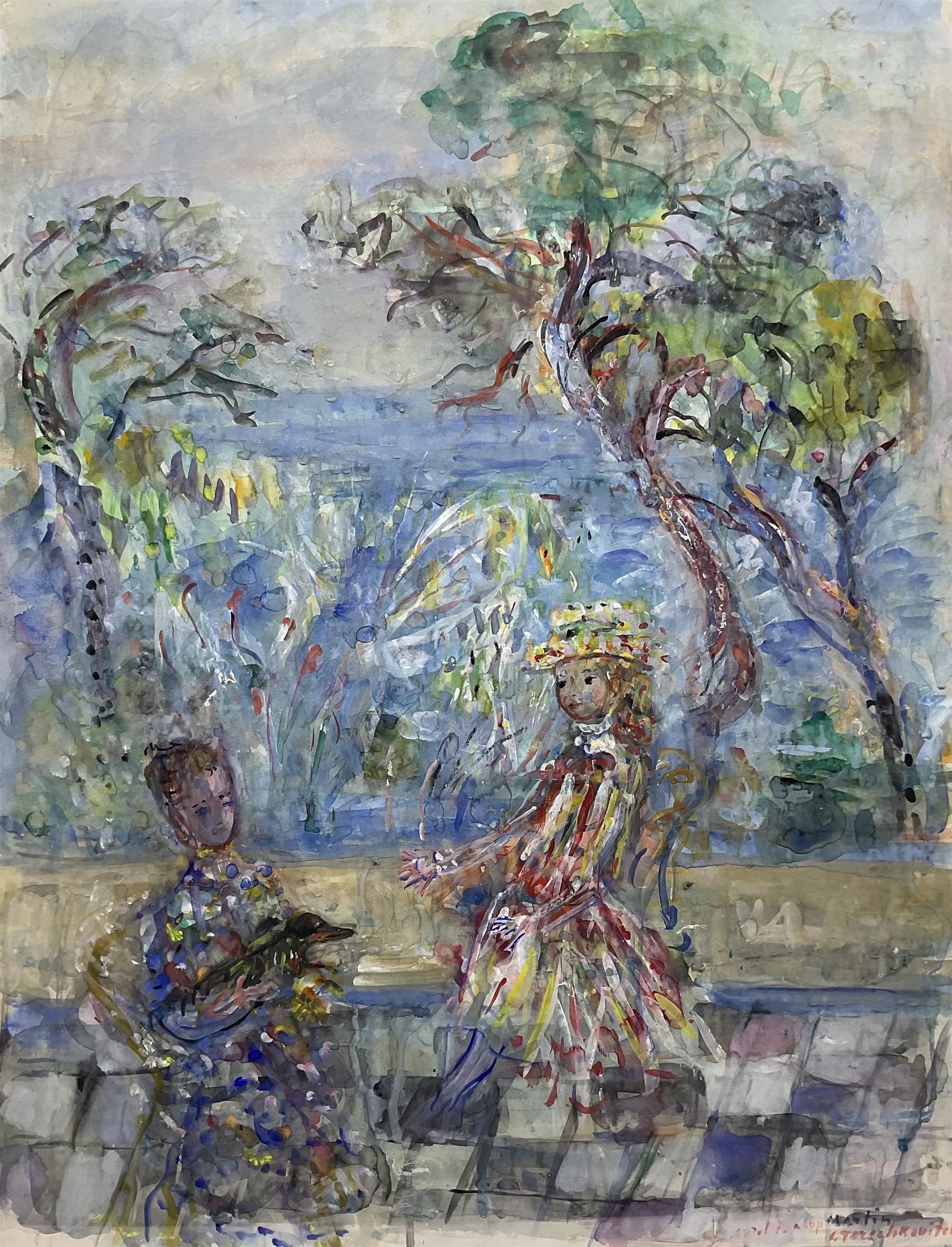 Constantin Andréevich Terechkovich (Moscow 1902-1978): Ladies with a Dog in Garden Setting, watercolour and gouache signed 62cm x 47cm
Provenance: with Galerie Paul Petrides, 53 Rue La Boetie, Paris, label verso.