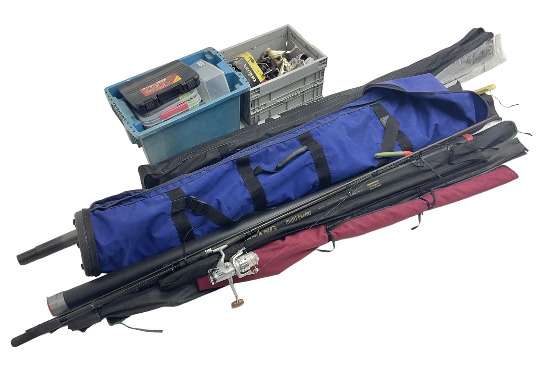 Fishing equipment, comprising reels to include Daiwa No.7300, boxed, Quick GLX 840, Quantum Heat BCS 350, okuma etc, together with various tackle, various poles, split canes and rods to include Middy Xtreme, Shakespeare Quo Carp, etc, many in bags