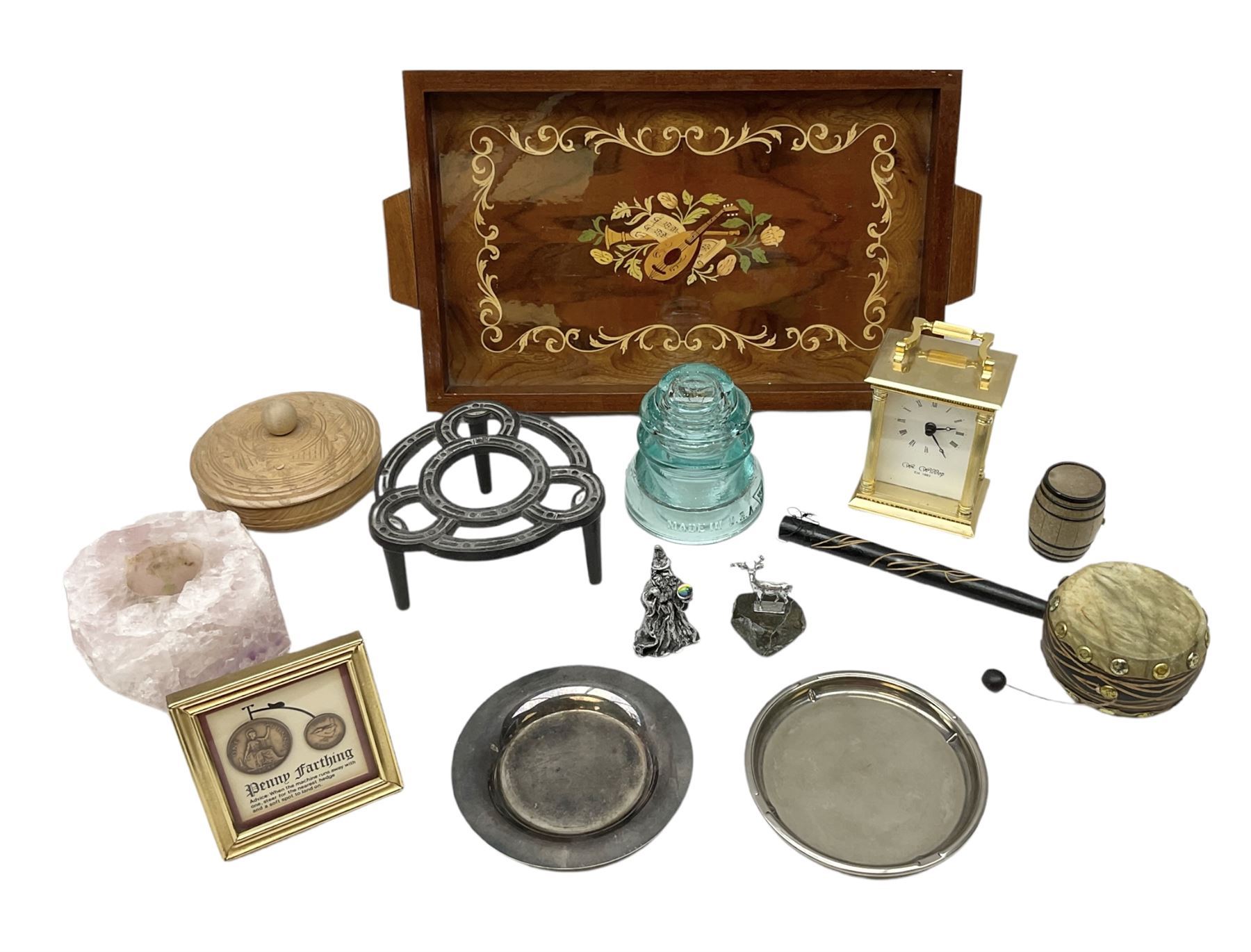 Wedgwood Countryware dinner wares, to include cruets, sauce boat and stand, two jugs etc, together with Wedgwood jasperware boxed HOW Group 40th Birthday 16.5cm plate, Royal Worcester 'Herbs' large sectioned dish and two Hornsea Windrush vases, Sorrento marquetry twin handled tray with musical motif to centre, L40cm, W Widdop brass carriage clock with quartz movement, pellet drum, Whitall Tatum Company No.1 glass insulator, silver plate and other misc etc