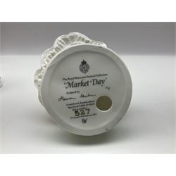 Five Royal Worcester figures, comprising Market Day, Noelle, Bakers Wife, Goose Girl and Fruit Picking, all with printed marks beneath and some with certificates of authentication  