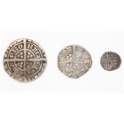  Edward I long cross hammered silver penny, hammered silver farthing and a hammered silver groat  