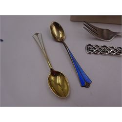 Mid 20th century Norwegian silver Christening spoon and fork set with openwork lattice detail to finials, both stamped David Anderson 830S verso, in original box, together with three silver-gilt enamel coffee spoons, the larger example with green guilloche enamel to bowl and handle, all by David Anderson, stamped D-A 925S Norway Sterling verso
