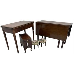 George III mahogany drop-leaf dining table (107cm x 127cm, H71cm); George III mahogany tea table; two footstools with floral needlework seats; small mahogany pedestal chest fitted with three drawers (W23cm, D45cm, H42cm) (5)