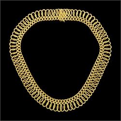 18ct gold fancy link necklace, polished and textured curb and woven openwork links, stamped 750