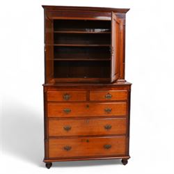 George III oak and mahogany banded house keeper's press cupboard, projecting cornice over figured mahogany frieze with Tunbridge ware pattern bands, two panelled doors enclosing shelves, fitted with two short over three long drawers, flanked by reeded columns throughout, on turned feet