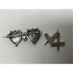 9ct gold Masonic compass initial C pendant, and a Victorian silver sweetheart brooch, commemorating the Diamond Jubilee of Queen Victoria
