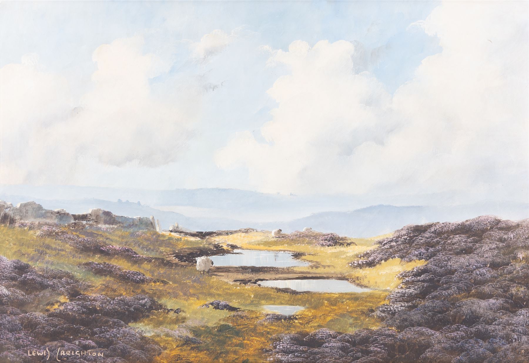Lewis Creighton (British 1918-1996): Sheep on a Heather Moorland, oil on board signed 50cm x 72cm