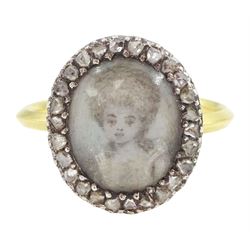 18th / 19th century gold and silver diamond portrait ring, set with an oval miniature of a...