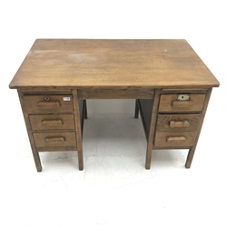 Vintage oak twin pedestal desk, two slides, six drawers, square supports, W122cm, H77cm, D76cm
