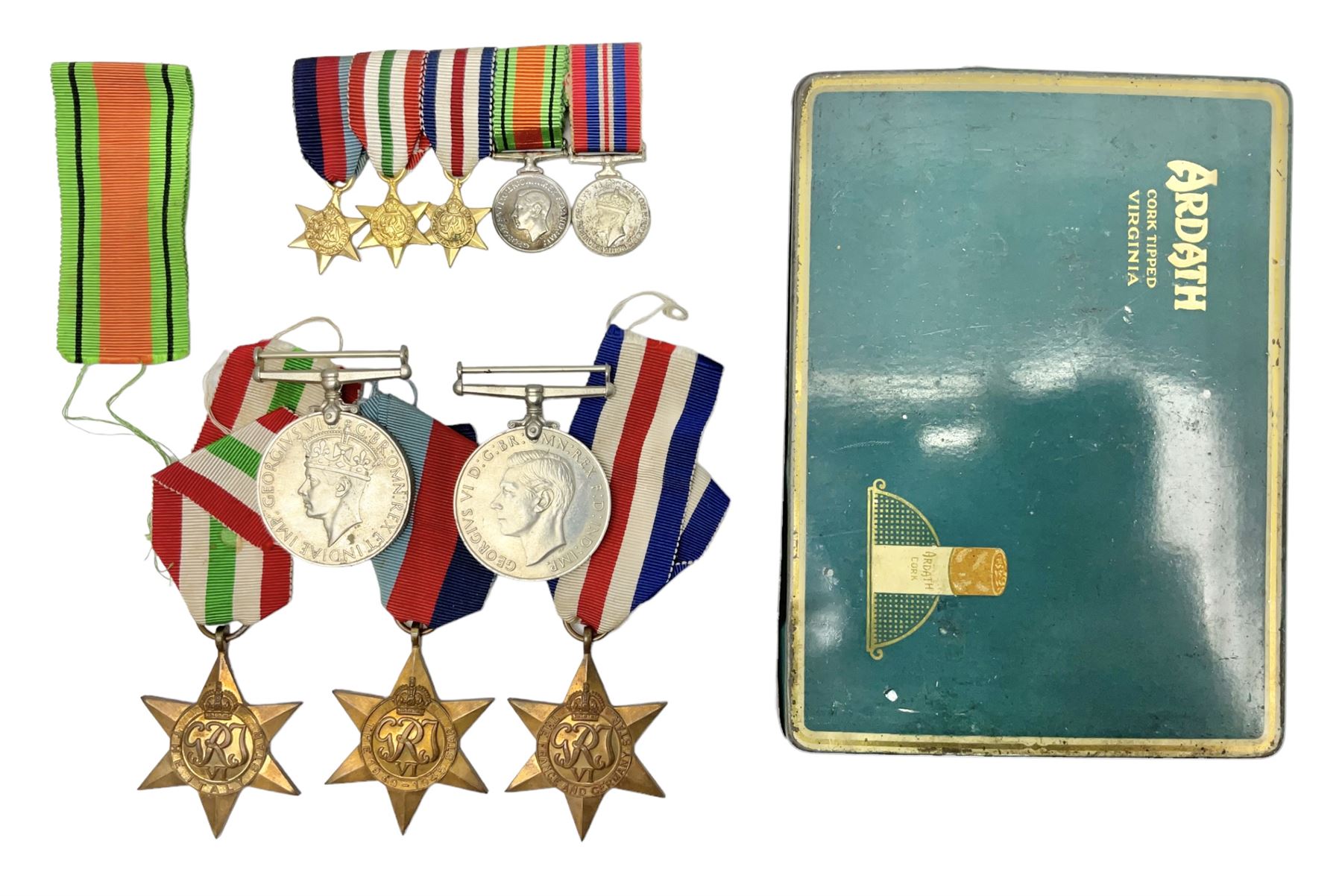 WW2 group of five medals comprising Defence Medal, 1939-1945, Italy Star, French and German Star and 1939-1945 star, with miniatures  