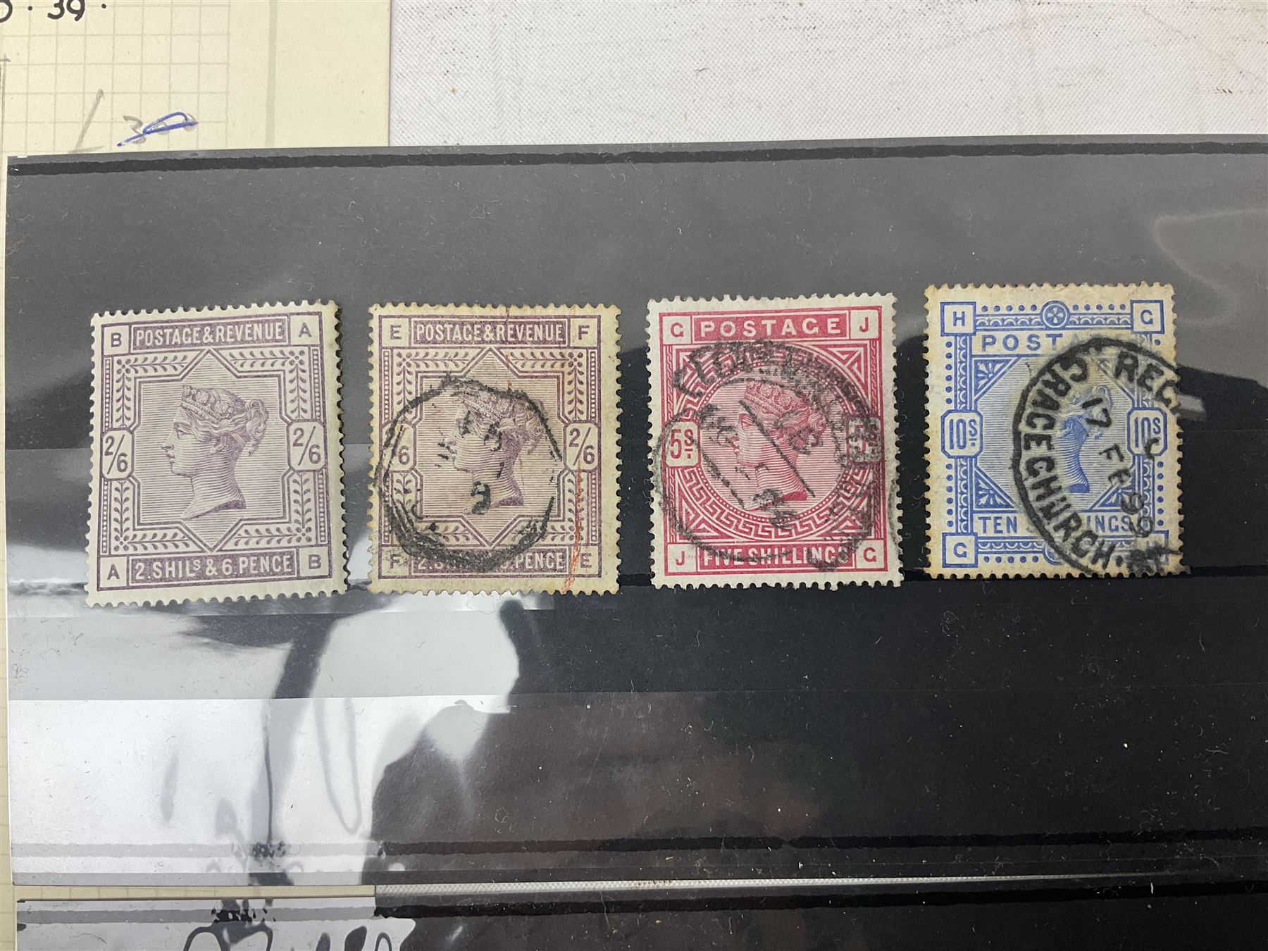 Queen Victoria and later Great British stamps, including five shillings, three pence block of four, block of twenty King George VI used ten shillings dark blue etc