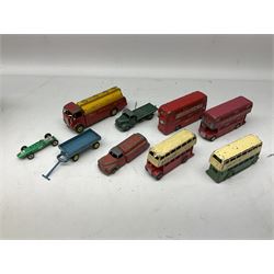 Dinky - twenty-seven unboxed and playworn die-cast models including buses, AEC Monarch tanker, Hindle Smart Helecs, Motocart, racing cars, various trailers, Coventry Climax fork lift truck etc