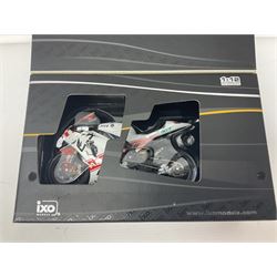 Three Ixo Models 1:12 scale die-cast models of motorcycles - BRB007 Honda NSR500 Michael Doohan 1998; BRB001 Honda RC211V Valentino Rossi 2003; and Yamaha YZR-M1 Colin Edwards MotoGP Phillip Island 2007; all boxed (3)