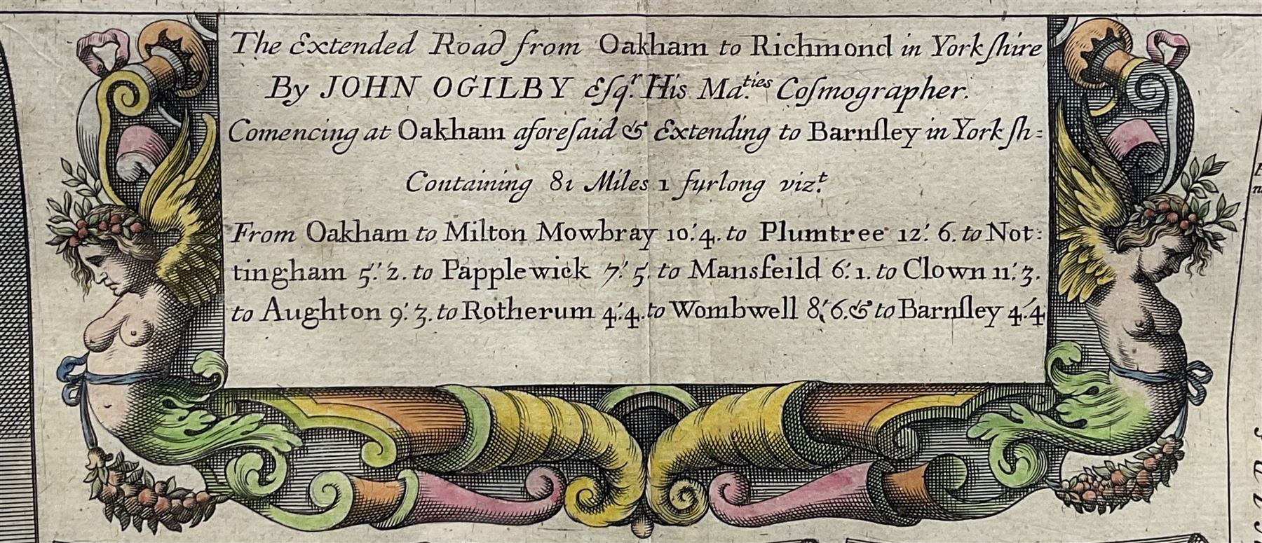 John Ogilby (British 1600-1676): 'The Extended Road from Oakham to Richmond in Yorkshire', late 17th century engraved strip map with hand colouring 35cm x 46cm